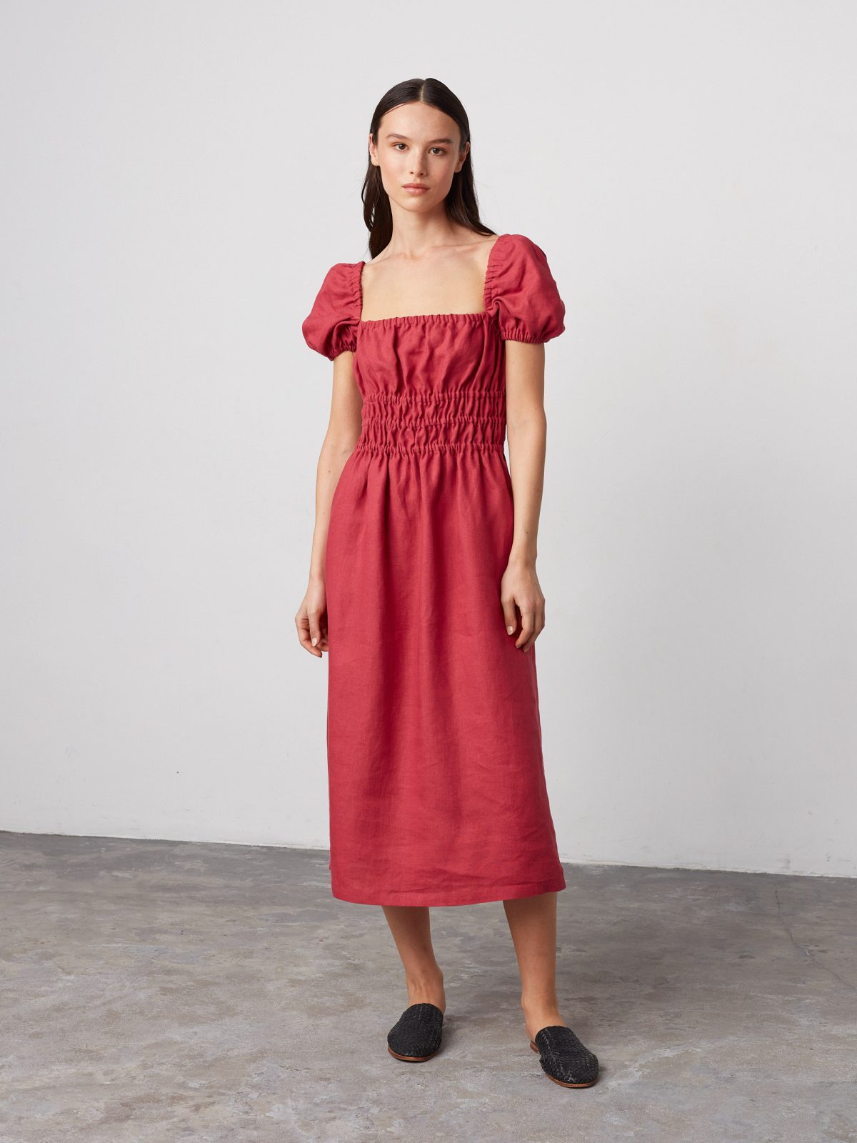 HOLIDAY Puff Sleeve Linen Midi Dress