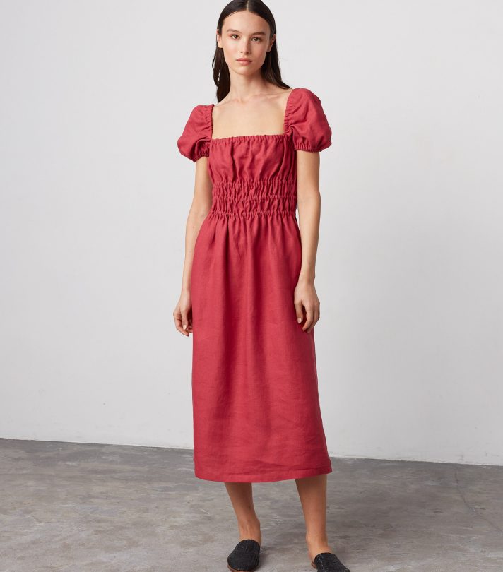 HOLIDAY Puff Sleeve Linen Midi Dress